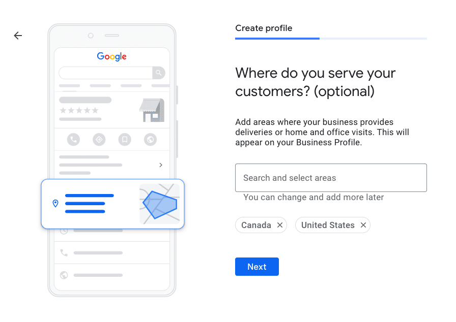 Google my business profile creation page